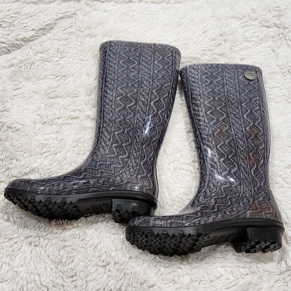 UGG Shaye Cable Knit Women Tall Grey Orange Tie Dye Rain Boots Size 5